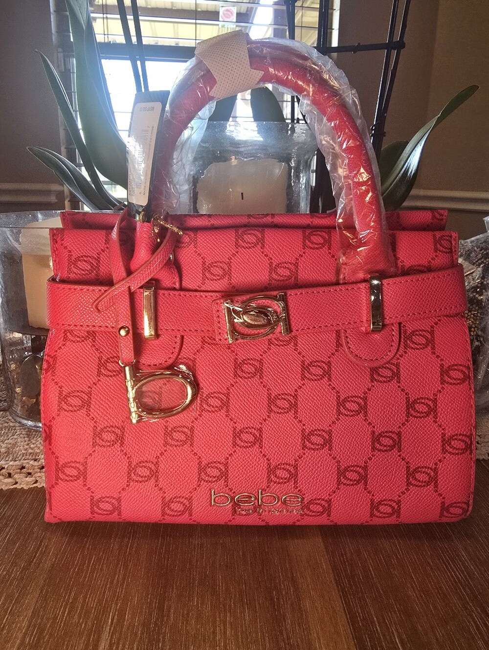 bebe Orchid Evie Logo Satchel with Gold Hardware